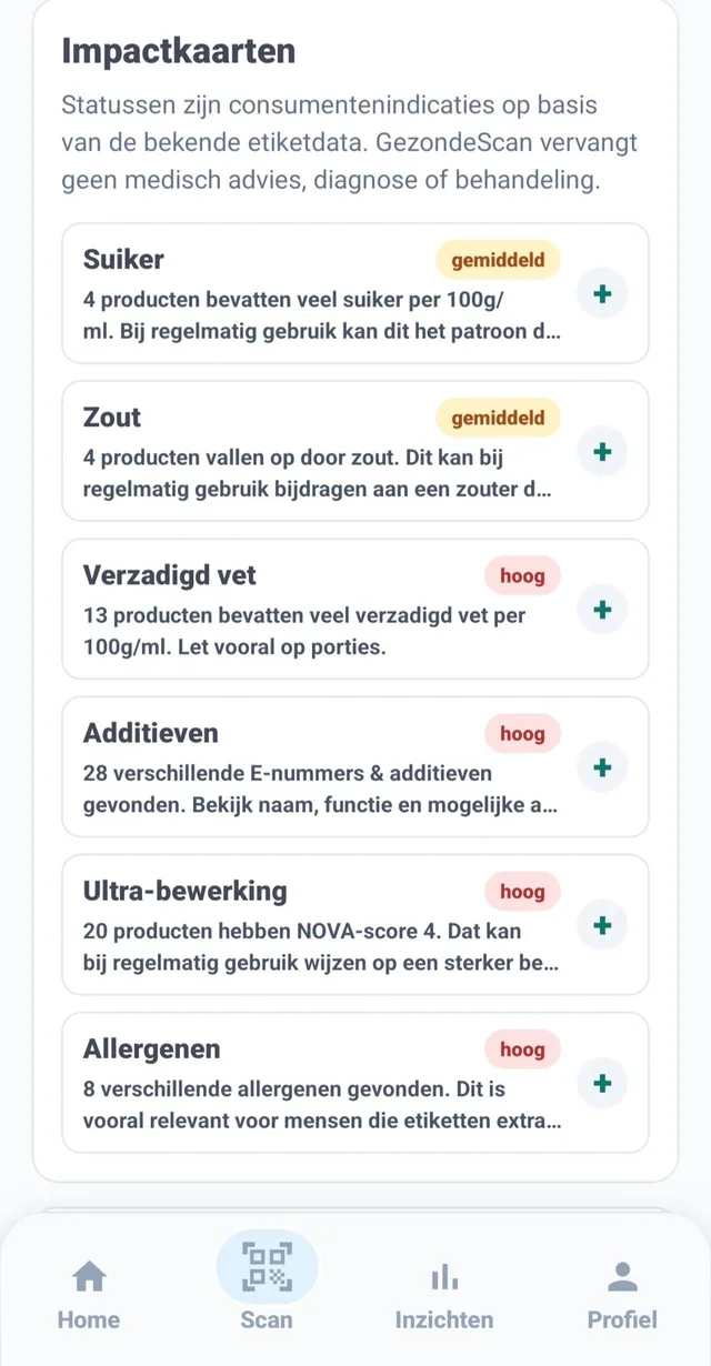 Scherm uit de app: overzicht van suiker, zout, verzadigd vet en additieven in gewone taal